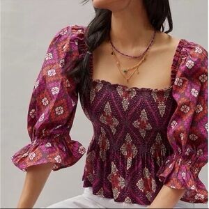 NEW Anthropologie Conditions Apply Smocked Sweetheart Blouse in Red Motif Small